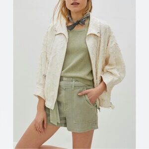 Anthropologie Cropped Textured Lace Bomber Jacket | Size S | Ivory